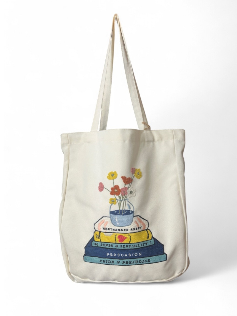 Flowers in Vase and Stack of Books Embroidered Design Tote Bag (NWT)